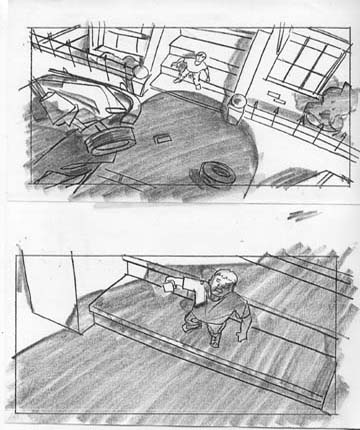 Part of a storyboard or shooting board sequence for a production company featuring a small boy fortified by his breakfast cereal enough to take on Godzilla who is terrorizing the city