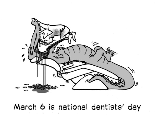 Illustration of odd holidays. March 6 is national dentists' day, showing a dentist pulling teeth from a crocodile, in a New Yorker cartoon style