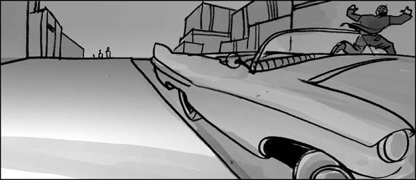 Black and white storyboard in a movie aspect ratio for a DUI psa showing a man hopping out of a convertible