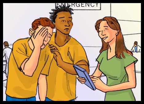 Color advertising agency storyboard for medical emergency room health care card showing nurse admitting patients who are young men, and writing down their injuries