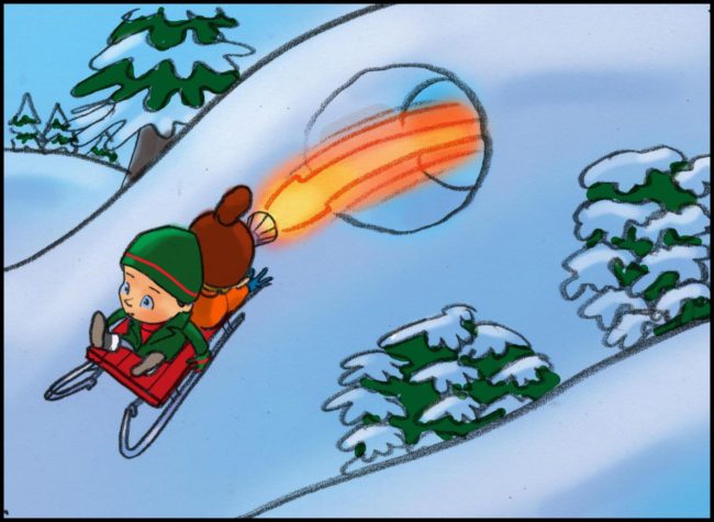 Advertising agency storyboard for animated commercial for soothing tissues showing children playing on toboggans or sleds in the snow, with one boy's nose turned into a jet engine