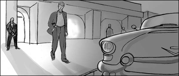 Black and white storyboard in a movie aspect ratio for a DUI psa showing a man leaving a bar and approaching a convertible