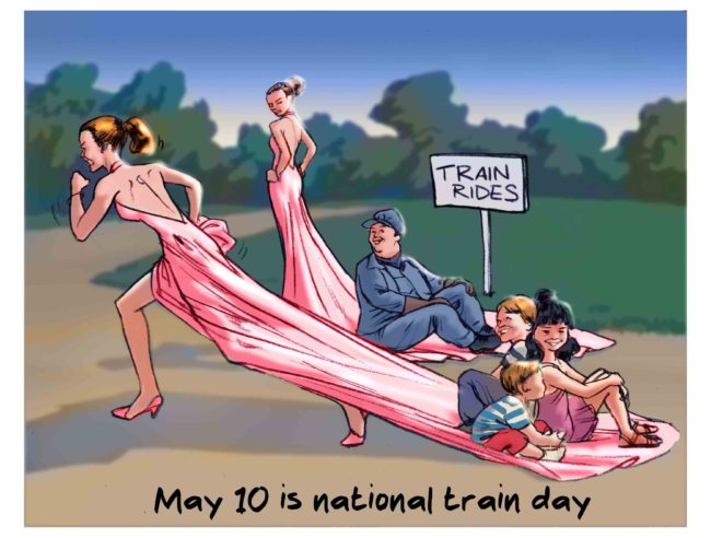 Illustration of odd holidays. May 10 is national train day, showing kids and a fat adult dressed as a train driver sitting on women's trains of their dresses