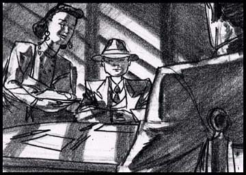 Black and white film noir style storyboard for the commercial director of a Rice-a-roni spot showing a boy in a Dick Tracy costume trying rice-a-roni at dinner time
