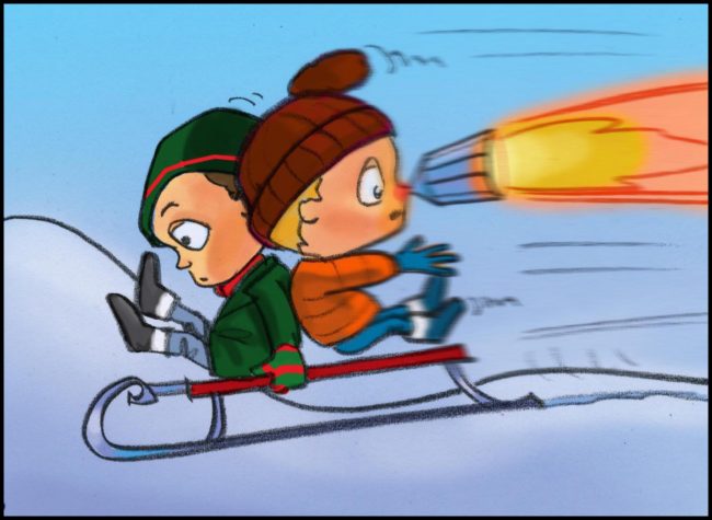 Advertising agency storyboard for animated commercial for soothing tissues showing children playing on toboggans or sleds in the snow, with one boy's nose turned into a jet engine