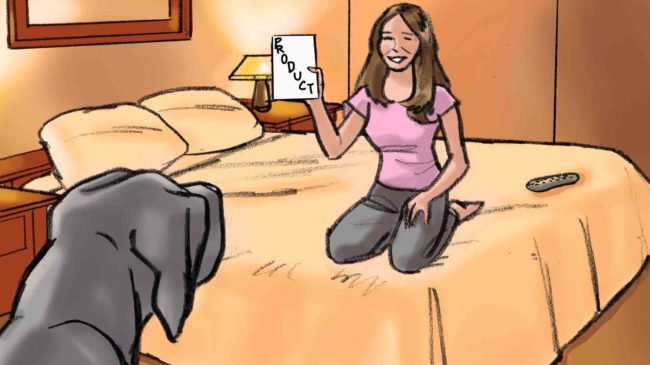 Color storyboard featuring great dane dog and young woman owner, woman showing dog product. She is on the bed, dog is sitting on the bedroom floor.