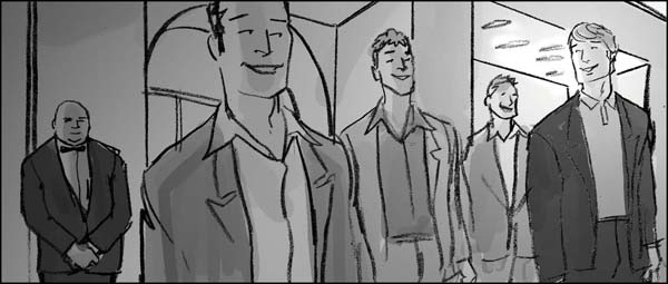 Black and white storyboard in a movie aspect ratio for a DUI psa showing a man leaving a bar