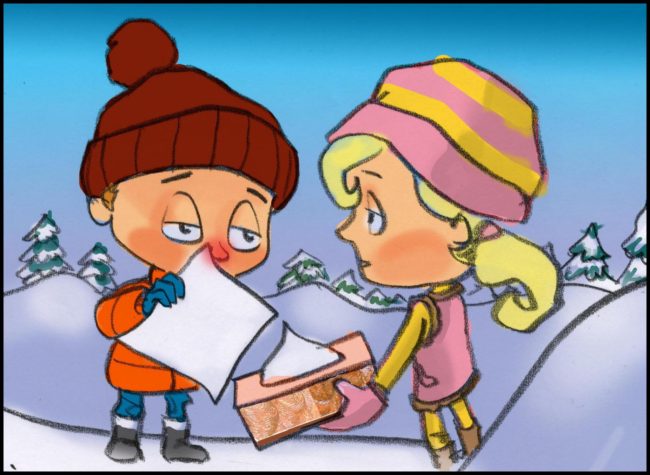Advertising agency storyboard for animated commercial for soothing tissues showing boy in the snow with a sore red nose taking tissue from a girl