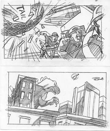 Part of a storyboard or shooting board sequence for a production company featuring a small boy fortified by his breakfast cereal enough to take on Godzilla who is terrorizing the city