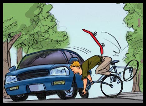 Color advertising agency storyboard for medical emergency room health care card showing skateboard hitting cyclist who swerves in front of a moving car