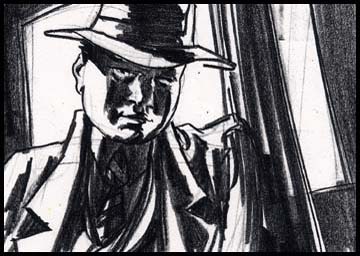 Black and white film noir style storyboard for the commercial director of a Rice-a-roni spot showing a boy in a Dick Tracy costume with a yoyo close up on face