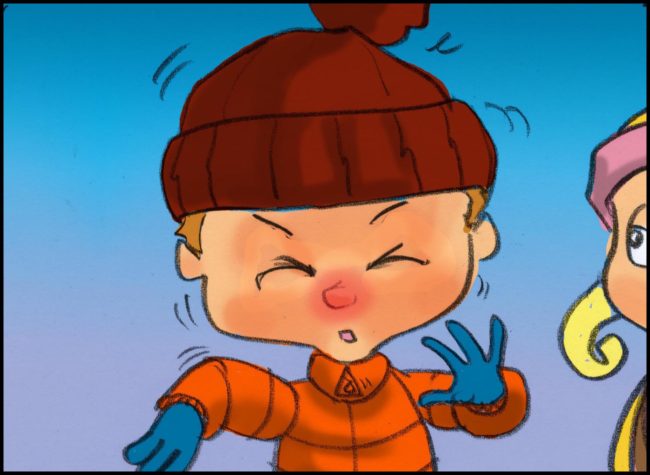Advertising agency storyboard for animated commercial for soothing tissues showing boy in the snow with a sore red nose sneezing