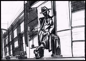 Black and white film noir style storyboard for the commercial director of a Rice-a-roni spot showing a boy in a Dick Tracy costume with a yoyo hamming up a gumshoe style