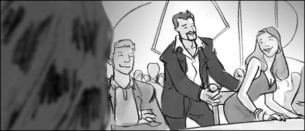 Black and white storyboard for a DUI public service announcement set in a trendy restaurant showing a man getting the chair for a woman