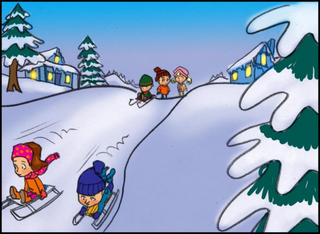 Advertising agency storyboard for animated commercial for soothing tissues showing children playing on toboggans or sleds in the snow