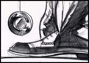 Black and white film noir style storyboard for the commercial director of a Rice-a-roni spot showing a boy in a Dick Tracy costume with a yoyo close up on shoes and yoyo