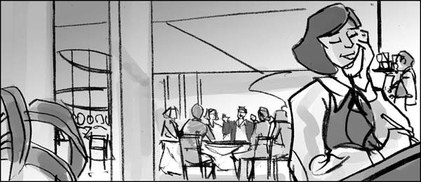 Black and white storyboard for a DUI public service announcement showing an establishing shot of a chic and trendy restaurant interior