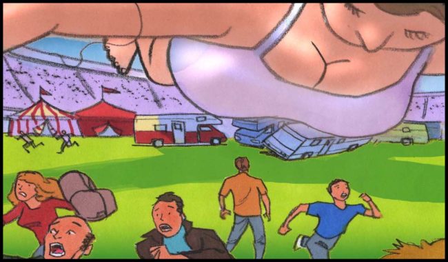 Color storyboard frame of a massive inflatable woman knocking over RV's in a stadium