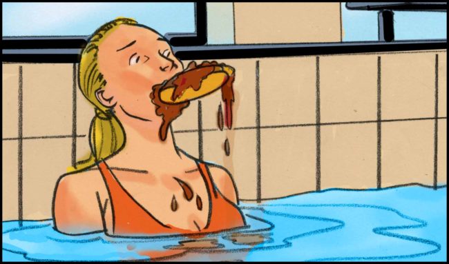 Color storyboard set in an indoor swimming pool starring a woman swimmer who is shocked to have a chocolate eclair sticking out of her mouth