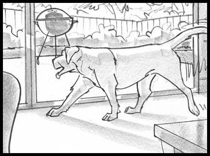 Black and white storyboard frames showing pets, in this case a yellow labrador walking in front of patio doors looking outside to the back yard and barbeque grill