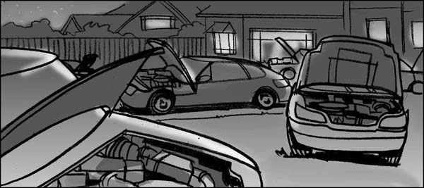 DUI public service announcement black and white storyboard showing cars with their hoods up at night outside a house
