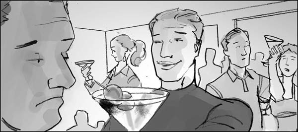 DUI public service announcement black and white storyboard showing a young man hosting a party and serving hors deuvres, snacks and drinks with oily dirty hands