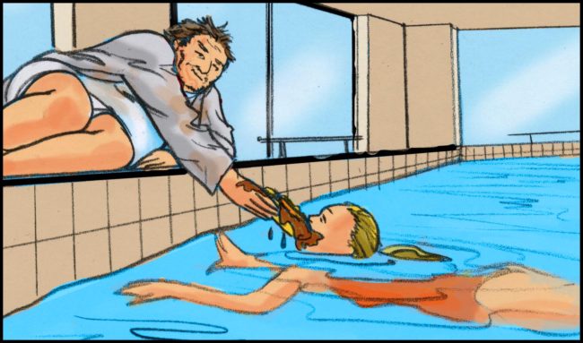 Color storyboard set in an indoor swimming pool starring a woman swimmer who is getting a chocolate eclair stuffed into her face by a man on the edge of the pool