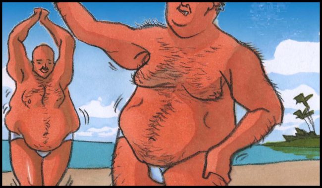 Color storyboard frame of a bunch of very fatly obese men playing beach volleyball