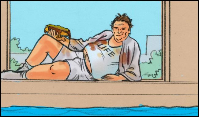 Color storyboard set in an indoor swimming pool starring a woman swimmer who is seeing from her point of view a dirty man with a chocolate eclair reclining on the edge of the pool