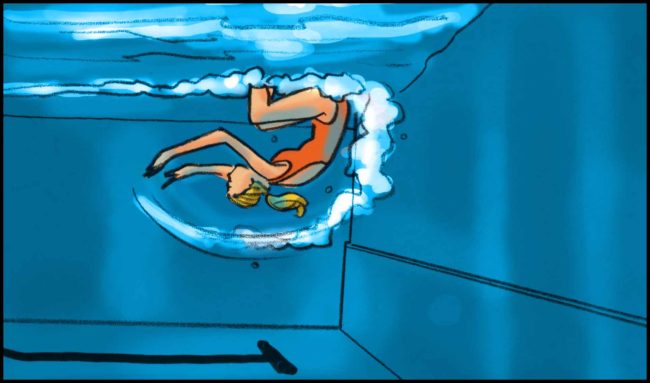 Color storyboard set in an indoor swimming pool starring a woman swimmer who is doing a tumle turn seen from underwater