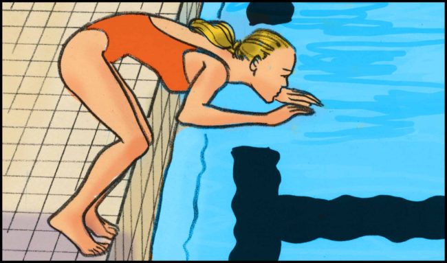 Color storyboard set in an indoor swimming pool starring a woman swimmer who is about to dive in