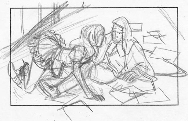 Rough sketch storyboard frame for Plums and tarts movie treatment showing a woman in a French maid's outfit up close and personal with a judge
