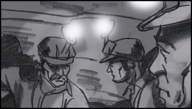 Black and white storyboard for a movie script showing a coal mine with miners