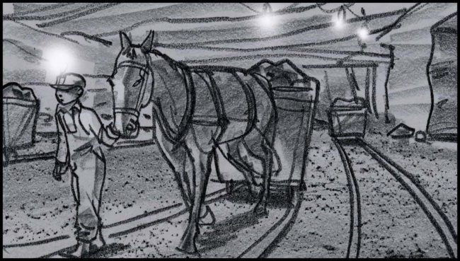 Black and white storyboard for a movie script showing a coal mine with rail tracks, pit ponies and coal carts