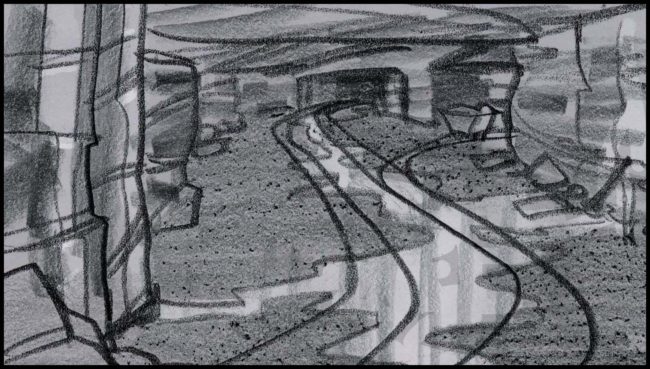 Black and white storyboard for a movie script showing a coal mine with rail tracks