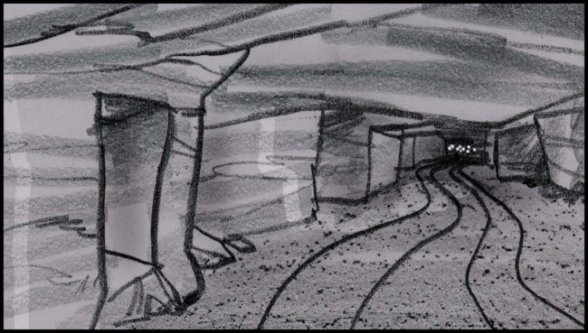 Black and white storyboard for a movie script showing a coal mine with rail tracks