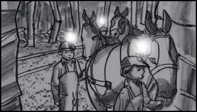 Black and white storyboard for a movie script showing a coal mine with rail tracks, child labor, pit ponies and coal carts