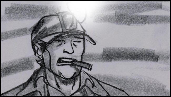 Black and white storyboard for a movie script showing a miner in a coal mine