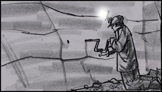 Black and white storyboard for a movie script showing a miner in a coal mine drilling a hole in a coal seam for a stick of dynamite
