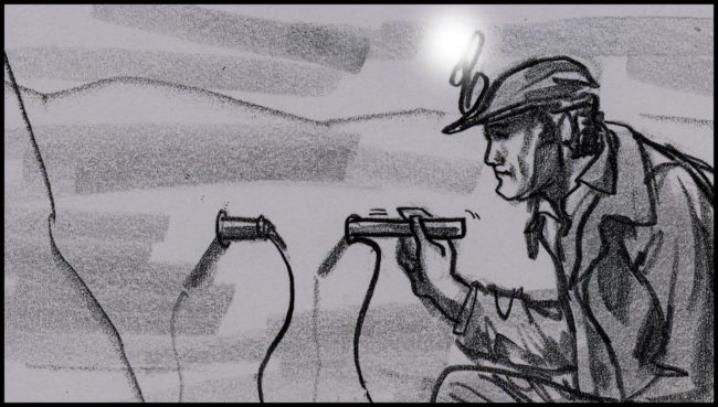 Black and white storyboard for a movie script showing a miner in a coal mine inserting dynamite into holes drilled into a coal seam