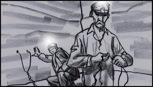 Black and white storyboard for a movie script showing a miner in a coal mine preparing fuses to dynamite in a coal seam