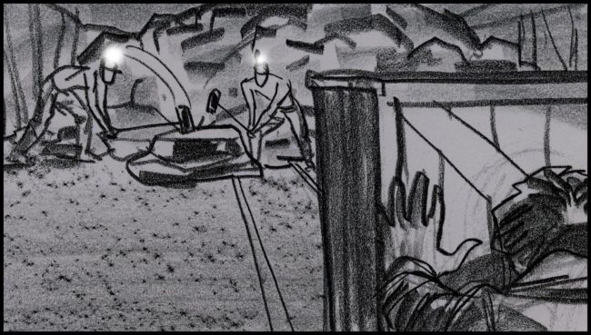 Black and white storyboard for a movie script showing a coal mine with rail tracks and coal carts