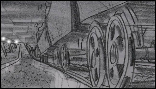 Black and white storyboard for a movie script showing a coal mine with rail tracks and coal carts