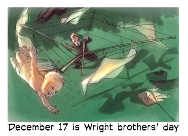 Odd holidays color illustration for December 17, Wright brothers' day, showing a young boy spinning a rotary clothes line with a baby attached to it
