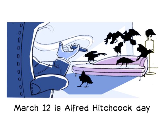Odd holidays color illustration for March 12, Alfred Hitchcock day, showing the back three quarter view of a large chair with a hand with a cigar in it in the foreground, and birds on a casting couch in the background, as if it is a casting session for the movie 'the birds'.