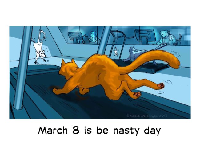 Odd holidays color illustration for March 8, be nasty day, showing some evil dogs watching cats on treadmills running towards mice dangling by their tales in front of them, in a James Bond super villain's lair type laboratory environment