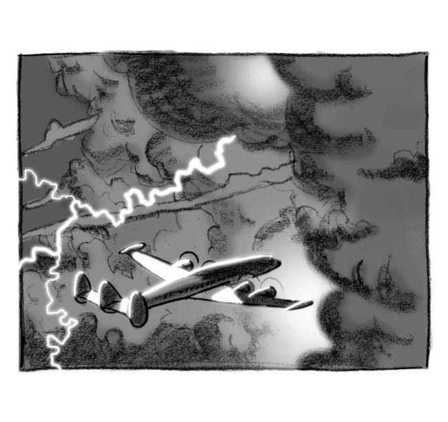 Chapter title page illustration for a book showing a Lockheed Constellation airplane or aeroplane heading into storm clouds with lightning
