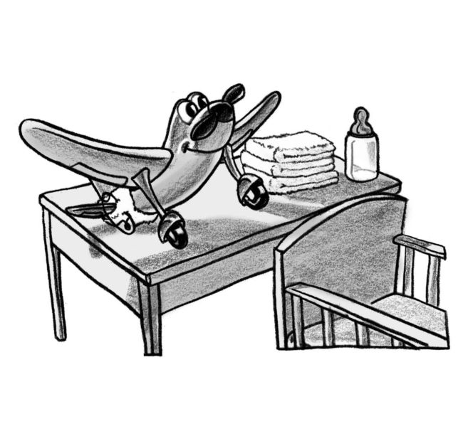 Chapter title page illustration for a book showing an anthropomorphized baby plane wearing a diaper on a changing table next to a crib